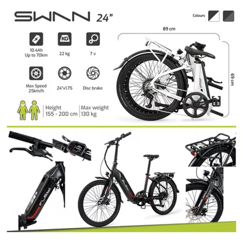 Vélo électrique pliant Swan 24" Gris | 70 km | 10,4 Ah | 24” – Image 2